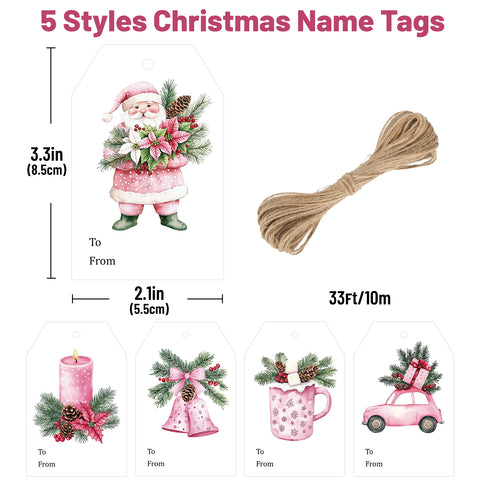 jijAcraft Christmas Gift Tags with String – 50Pcs Holiday Gift Wrapping Tags, 5 Designs Pink Santa Claus Name Tag for Gift Bags, Presents, Party Favors(3.3x2.1In)
