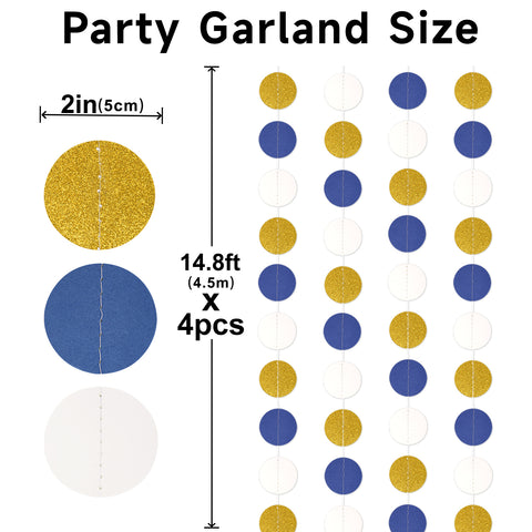 jijAcraft 59Ft Navy Blue and Gold Garland Streamer - 4 Pack Glitter Paper Hanging Decoration, Circle Dots Garland Banner for Wedding, Bridal Shower, Baby Shower, Nautical Pirate Theme Party Decor