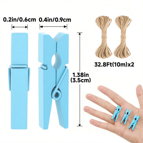 jijAcraft Mini Clothespins with String - 100Pcs Baby Blue Wooden Clothes Pins, Small Baby Shower Photo Hanging Clips, Craft Clips for Picture, Cocktails Decor, Wedding