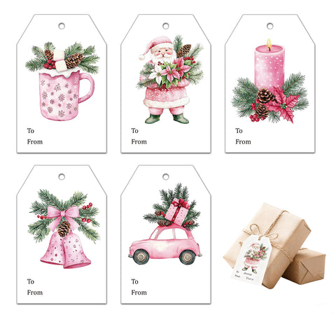 jijAcraft Christmas Gift Tags with String – 50Pcs Holiday Gift Wrapping Tags, 5 Designs Pink Santa Claus Name Tag for Gift Bags, Presents, Party Favors(3.3x2.1In)