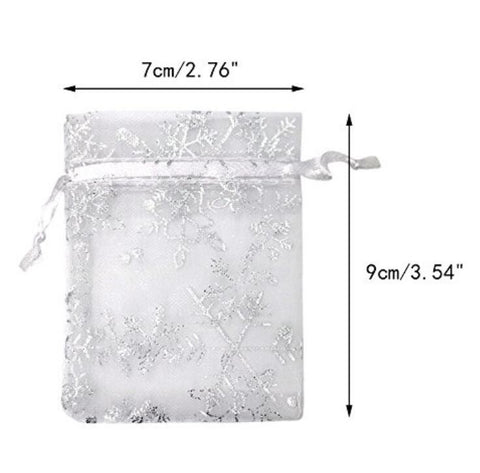 100 PCS 2.7'' x 3.5'' Snow Flakes Organza Wedding Gift Bags, Drawstring Jewelry Pouch Bags Silver White Snow Sheer Party Favor Bags - JijaCraft