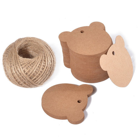 100 PCS Kraft Gift Tags Bear Shaped Brown Favor Tags with 100 Feet Jute Twine - JijaCraft