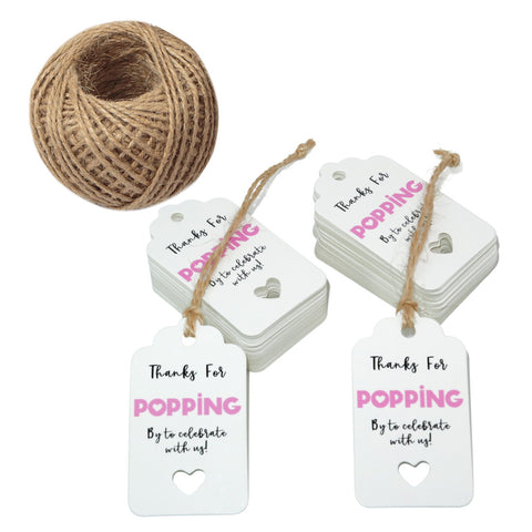 Gift Tags Thanks for Popping By to Celebrating with Us,100Pcs Paper Hang Tag for Wedding,Baby Shower Party Favors with 100 Feet Jute Twine (Rose Pink) - JijaCraft