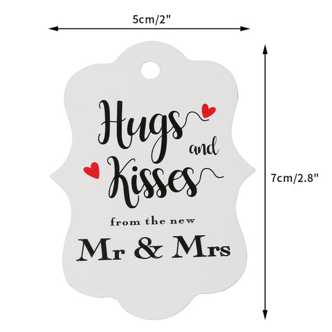 Original Design 100 PCS Wedding Gift Tags,Hugs and Kisses from The New Mr & Mrs Kraft Paper Tags,2.8" x 2" White Tags with 100 Feet Jute Twine - JijaCraft
