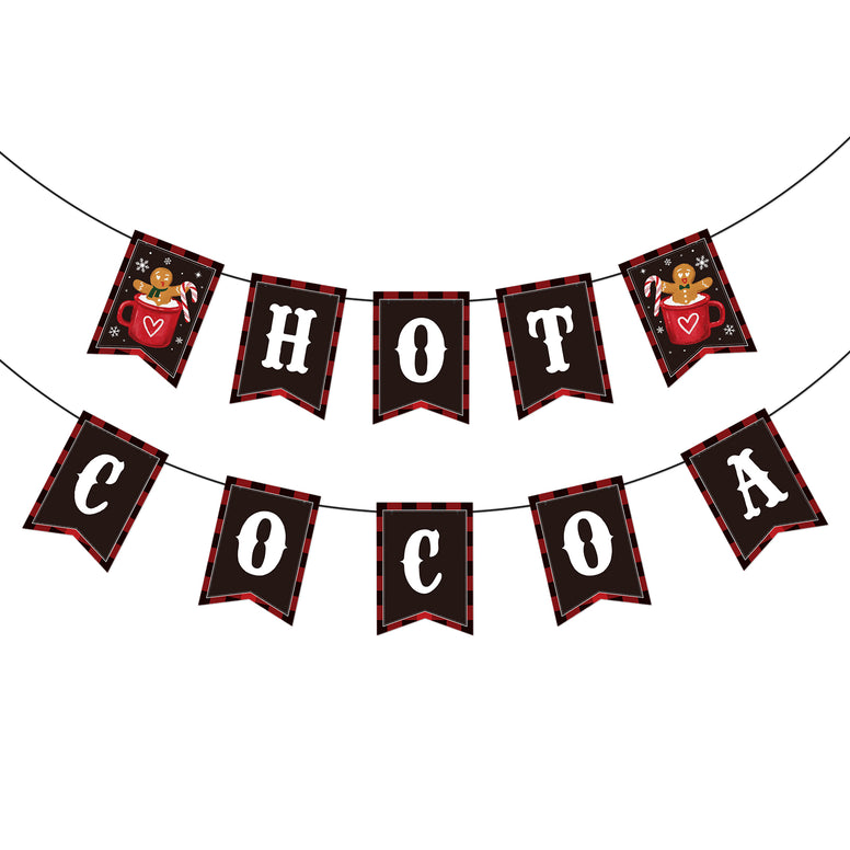 jijAcraft Hot Cocoa Banner – Pre-Strung Christmas Garland, Hot Cocoa Bar Supplies, Hot Cocoa Bombs, Chocolate Bar Sign with Gingerbread, Candy Cane, Snowflake - Winter Party & Holiday Decor