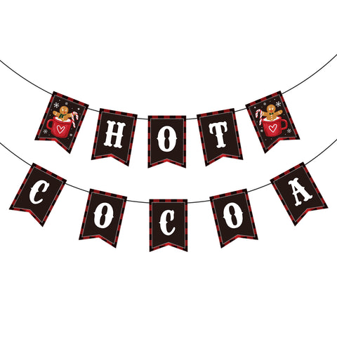 jijAcraft Hot Cocoa Banner – Pre-Strung Christmas Garland, Hot Cocoa Bar Supplies, Hot Cocoa Bombs, Chocolate Bar Sign with Gingerbread, Candy Cane, Snowflake - Winter Party & Holiday Decor