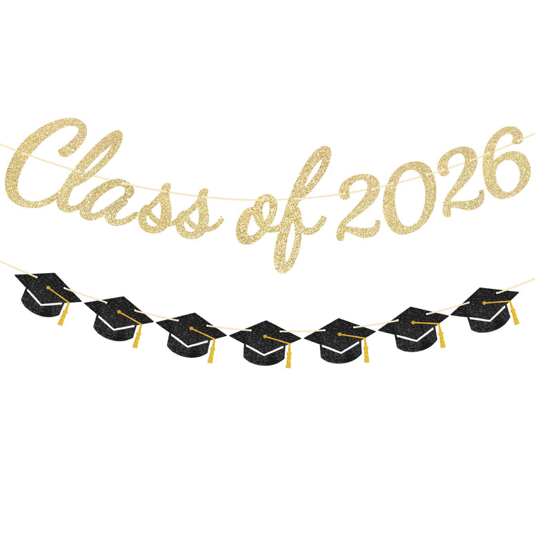 jijAcraft Class of 2026 Graduation Decorations, Glitter Pre-Strung Graduation Cap Banner, Congrats Grad 2026 for College High School Graduate Party Decorations, Home, School Photo Backdrop Celebrating