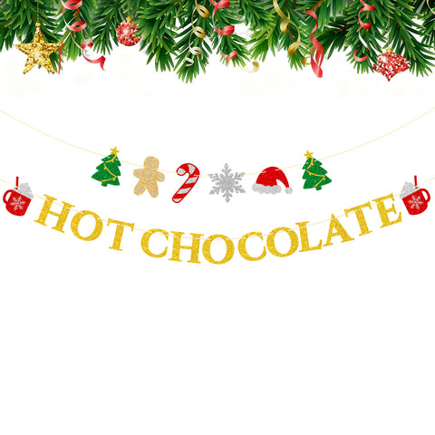 jijAcraft Hot Chocolate Banner – Pre-Strung Glitter Gold Christmas Garland, Hot Chocolate Bar Supplies, Banner Set with Cocoa Cups, Trees, Gingerbread, Snowflakes - Holiday&Winter Party Decorations