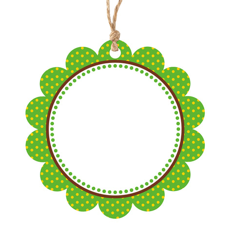 jijAcraft 50Pcs Blank Gift Tags with String, 2.5Inch Green Dot Scalloped Round Blank Hangtag, White Writable Paper Tags for Gift Wrapping, DIY Crafts, Toys