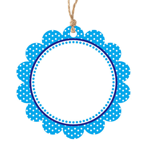 jijAcraft 50Pcs Blank Gift Tags with String, 2.5Inch Blue Dot Scalloped Round Blank Hangtag, White Writable Paper Tags for Gift Wrapping, DIY Crafts, Toys