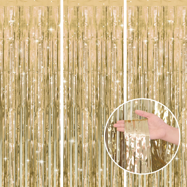 jijAcraft 3 Pack Champagne Gold Tinsel Foil Fringe Curtain, Light Gold Party Photo Backdrop for Bridal Showers Wedding Engagement Anniversary Birthday Graduation New Year¡¯s Holidays Decorations