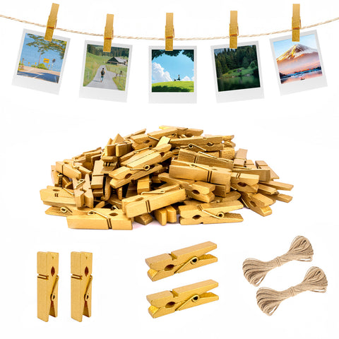 jijAcraft Mini Clothespins with String - 100Pcs Gold Wooden Clothes Pins, Small Photo Hanging Clips, Craft Clips for Picture, Cocktails Decor, Baby Shower, Wedding
