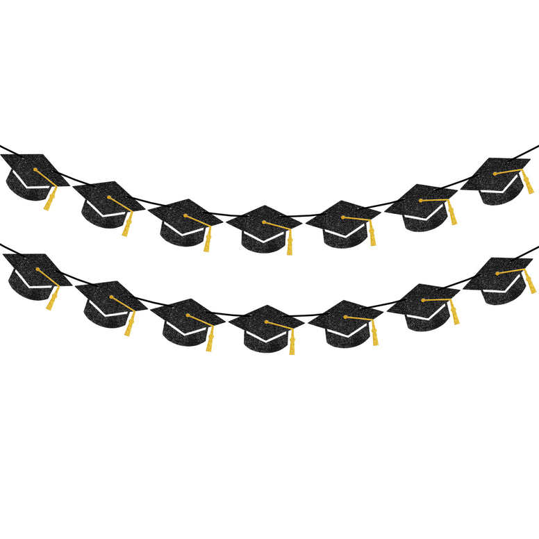 jijAcraft Black Glitter Graduation Cap Banner 2026, Pre-Strung Graduation with Tassel, Single Sided Mortarboard Garland, 2 Pack Graduation Garland for College High School Graduate Party Home Decor