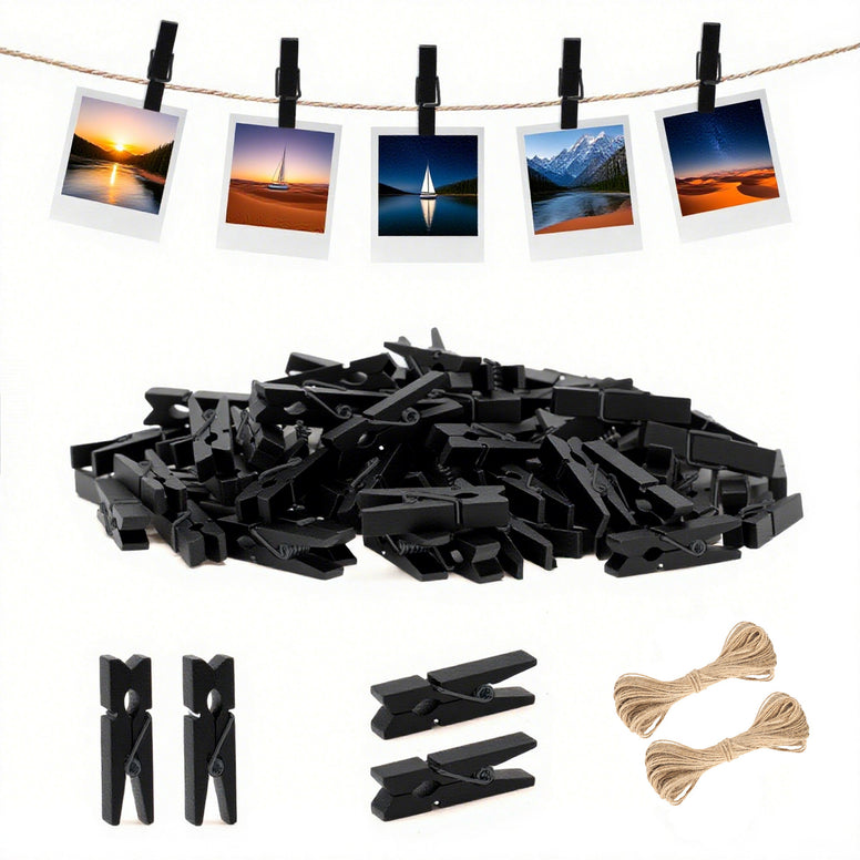 jijAcraft Mini Clothespins with String - 100Pcs Black Wooden Clothes Pins, Small Photo Hanging Clips, Craft Clips for Picture, Cocktails Decor, Baby Shower, Wedding