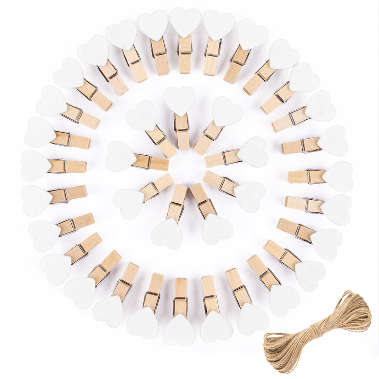 jijAcraft Clothespins with String - 50Pcs Mini Wooden Clothes Pins with Heart, White Heart Clips, 1.4Inch Small Photo Craft Clip for Baby Shower, Wedding, Birthday