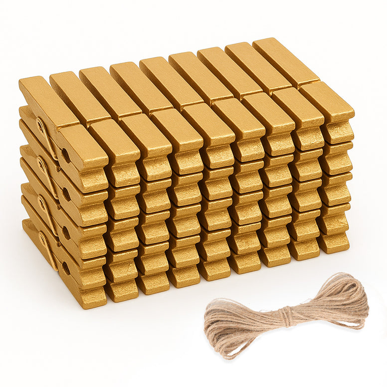 jijAcraft 50Pcs Gold Clothespins - 2.9Inch Large Clothes Pins with Twine, Photo Display Hanging Clips, Wooden Craft Clips for Birthday, Baby Shower, Wedding