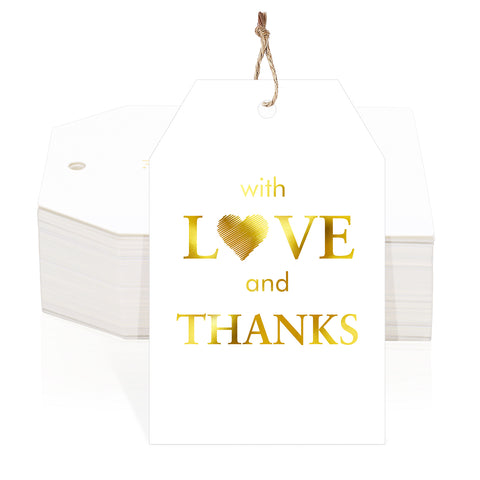 jijAcraft Love and Thanks Tags with String - 50Pcs Wedding Thank You Gift Tags, 3.3x2.1 Inch Gold Foil Paper Party Favors Tag for Bridal Shower, Baby Shower, Commemoration