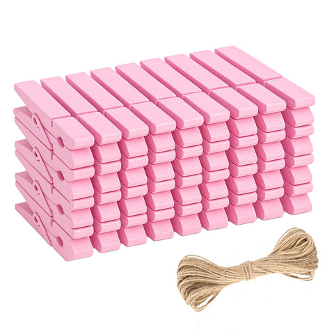 jijAcraft 50Pcs Baby Pink Clothespins - 2.9Inch Large Clothes Pins with Twine, Photo Display Hanging Clips, Wooden Craft Clips for Birthday, Baby Shower, Wedding