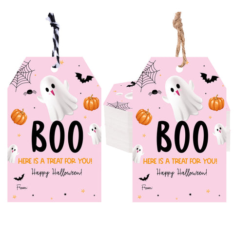 jijAcraft Halloween Tags with String - 50Pcs Happy Halloween  Paper Gift Tag, 3.3x2.1Inch Pink Ghost Boo A Treat for You Name Labels Tags for Trick or Treat Bags, Gift Wrapping, Goodie Bags