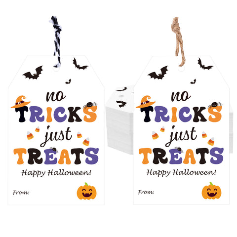 jijAcraft Halloween Tags with String - 50Pcs Happy Halloween Paper Gift Tag, 3.3x2.1Inch Trick or Treat Pumpkin Bat Name Labels Tags for Goodie Bags, Gift Wrapping, DIY Crafts, Party Favors