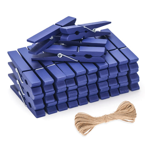 jijAcraft Wooden Clips with String, 50Pcs 2.9Inch Large Clothes Pins, Navy Blue Photo Hanging Clips, Wooden Craft Decoration Clothespin for DIY Crafts, Cheer Pins, Hanging Clothes
