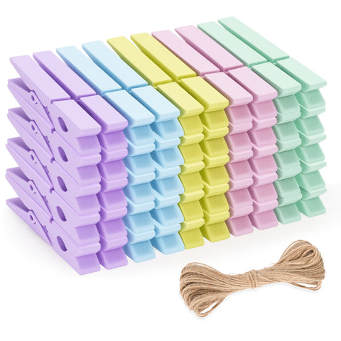 jijAcraft Colorful Wooden Clips with String, 50Pcs 2.9Inch Large Photo Display Hanging Clip, 5 Colors Clothes Pins, Wooden Craft Clips for Birthday, Baby Shower, Wedding