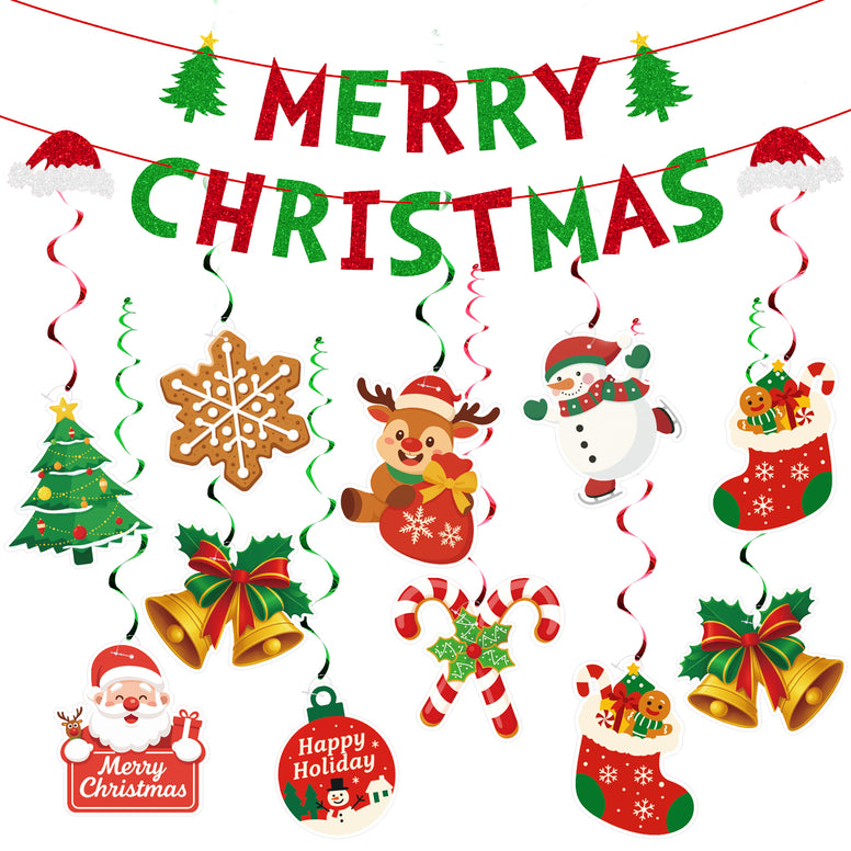 jijAcraft Merry Christmas Banner Xmas Decorations - 38Pcs Hanging Swirl Set, Christmas Decorations Indoor, Christmas Party Decor for Wall, Ceiling, Mantel, Fireplace, Home, Classroom, Office, Party - JiJaCraft.com