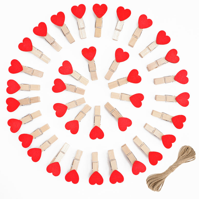 jijAcraft Clothespins with String - 50Pcs Mini Wooden Clothes Pins with Heart, Red Heart Clips, 1.4Inch Small Photo Craft Clip for Baby Shower, Wedding, Birthday