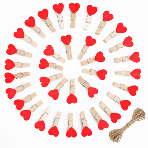 jijAcraft Clothespins with String - 50Pcs Mini Wooden Clothes Pins with Heart, Red Heart Clips, 1.4Inch Small Photo Craft Clip for Baby Shower, Wedding, Birthday