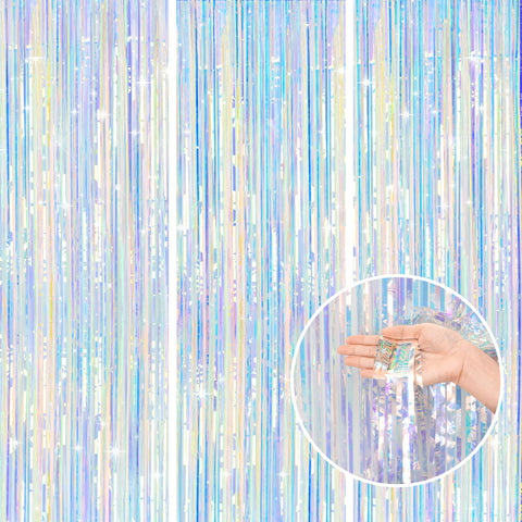 jijAcraft 3 Pack Iridescent Tinsel Foil Fringe Curtain, Holographic Party Photo Backdrop for Mermaid Party Birthday Graduation Engagement Bridal Shower Bachelorette New Year Baby Shower Party Decor