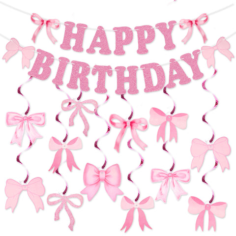 jijAcraft Pink Happy Birthday Banner, Pink Bow Party Banner with 14Pcs Bow Swirls Hanging Garland, Girl Baby Shower Garland, Coquette Birthday Decoration for Wall, Fireplace, Window