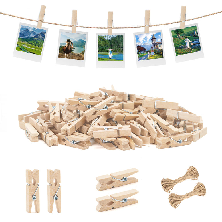jijAcraft Mini Clothespins with String - 100Pcs Small Wooden Clothes Pins, Natural Brown Photo Hanging Clips, Craft Clips for Picture, Cocktails Decor, Baby Shower, Wedding