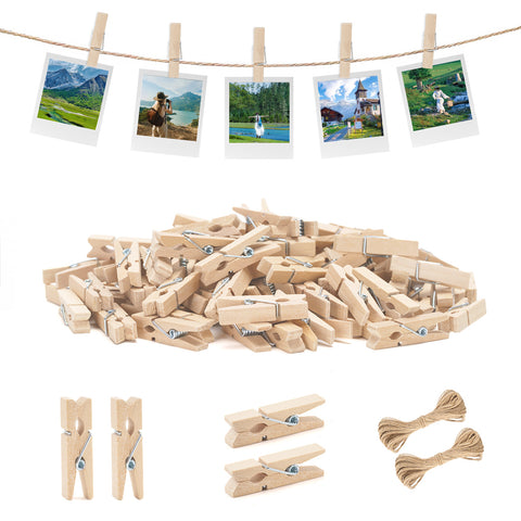 jijAcraft Mini Clothespins with String - 100Pcs Small Wooden Clothes Pins, Natural Brown Photo Hanging Clips, Craft Clips for Picture, Cocktails Decor, Baby Shower, Wedding