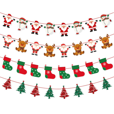 jijAcraft Christmas Banners 4 Pack – Christmas Decorations with Santa, Snowman, Reindeer & Tree Designs, Pre-Assembled Hanging Bunting Garland for Christmas Party, School, Office, Fireplace