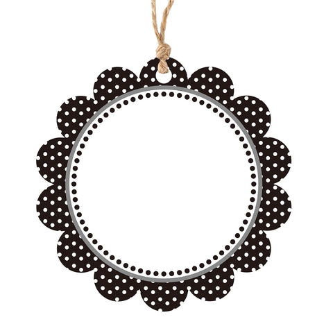 jijAcraft 50Pcs Blank Gift Tags with String, 2.5Inch Black Dot Scalloped Round Blank Hangtag, White Writable Paper Tags for Gift Wrapping, DIY Crafts, Toys