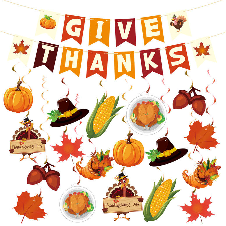 jijAcraft Thanksgiving Decorations GIVE THANKS Banner - 38Pcs Pre-Assembled Hanging Swirl, Thanksgiving Banner Indoor, Thanksgiving Party Decor for Wall, Ceiling, Mantel, Home, Classroom, Office