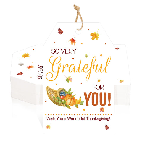 jijAcraft 50Pcs Fall Gift Tags with String - Happy Thanksgiving Tags, 3.3x2.1 Inch White Paper Maple Leaf Pumpkin Labels, Thanksgiving Gift Wrap Hangtag for Thanksgiving Party Favor School Office Home