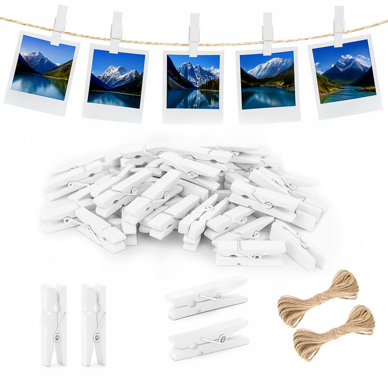 jijAcraft Mini Clothespins with String - 100Pcs White Wooden Clothes Pins, Small Photo Hanging Clips, Craft Clips for Picture, Cocktails Decor, Baby Shower, Wedding
