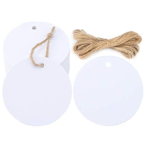 jijAcraft Blank Gift Tags with String, 2.5Inch White Round Paper Labels, 100Pcs Gift Wrapping Name Tags for Bags, DIY Crafts, Cupcake