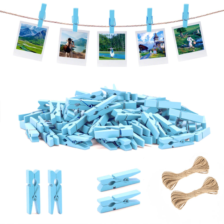 jijAcraft Mini Clothespins with String - 100Pcs Baby Blue Wooden Clothes Pins, Small Baby Shower Photo Hanging Clips, Craft Clips for Picture, Cocktails Decor, Wedding