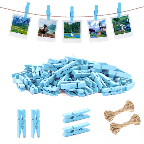 jijAcraft Mini Clothespins with String - 100Pcs Baby Blue Wooden Clothes Pins, Small Baby Shower Photo Hanging Clips, Craft Clips for Picture, Cocktails Decor, Wedding