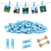jijAcraft Mini Clothespins with String - 100Pcs Baby Blue Wooden Clothes Pins, Small Baby Shower Photo Hanging Clips, Craft Clips for Picture, Cocktails Decor, Wedding
