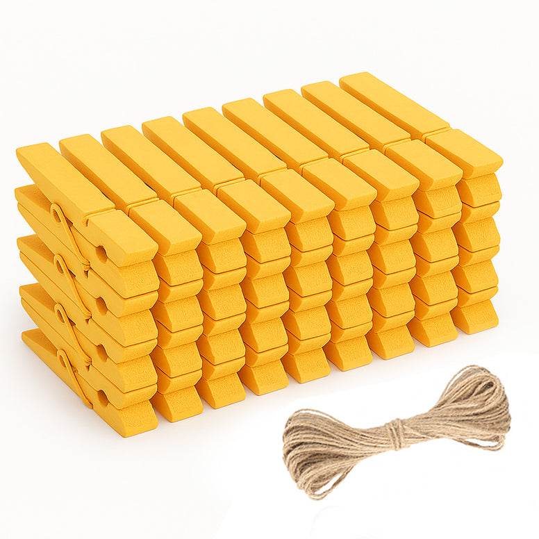 jijAcraft 50Pcs Yellow Clothespins - 2.9Inch Large Clothes Pins with Twine, Photo Display Hanging Clips, Wooden Craft Clips for Fall Party, Birthday, Baby Shower, Wedding