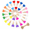 jijAcraft Clothespins with String - 50Pcs Mini Wooden Clothes Pins with Heart, 10Colors Heart Clips, 1.4Inch Small Photo Craft Clip for Baby Shower, Wedding, Birthday