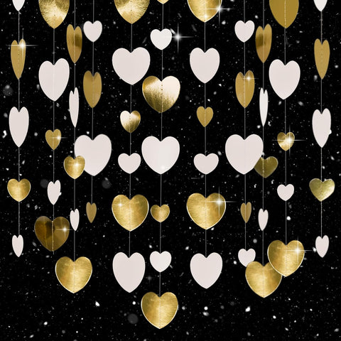 jijAcraft White Champagne Gold Heart Garland - 52Ft Engagement Party Decoration Banner, 4Pack Bachelorette Hanging Paper Streamers, White and Gold Party Decor for Wedding, Birthday, Bridal Shower