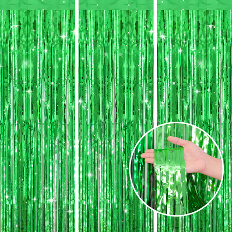 jijAcraft 3 Pack Metallic Green Tinsel Foil Fringe Curtain, Jungle Party Decorations, Emerald Green Party Photo Backdrop for St Patrick's Day Dinosaur Party Graduation Christmas Garden Party Decor