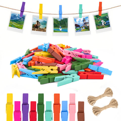 jijAcraft Mini Clothespins with String - 10Colors Wooden Clothes Pins, 100Pcs Rainbow Colors Photo Hanging Clips, Small Craft Clips for Picture, Cocktails Decor, Baby Shower, Wedding