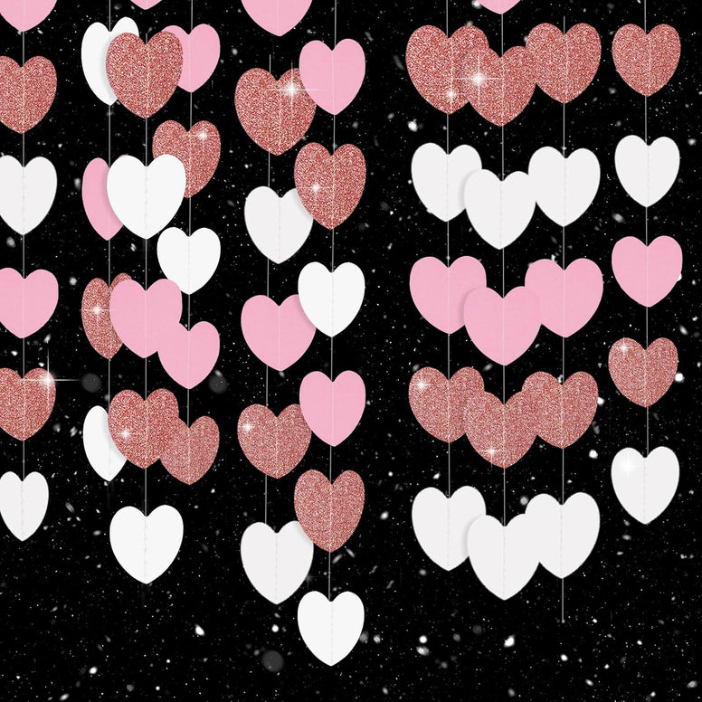 jijAcraft White Rose-Gold Pink Heart Garland Party Decor, 52 Ft Glitter Heart Streamers Garland Banner for Wedding, valentines, Bridal Shower, Engagement, Bachelorette, Home Decor, Birthday Party