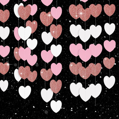 jijAcraft White Rose-Gold Pink Heart Garland Party Decor, 52 Ft Glitter Heart Streamers Garland Banner for Wedding, valentines, Bridal Shower, Engagement, Bachelorette, Home Decor, Birthday Party