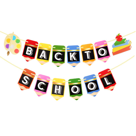 Pre-Strung Back to School Banner - jijAcraft 2 Pieces First Day of School Banner, Colorful Back to School Decorations Paper Garland Pencil Banners for Classroom Decor Party Decorations Photo Props